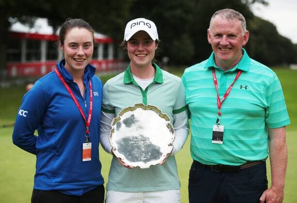 July 31, 2016 - Woburn, United Kingdom - L-R Caddie (L) Amateur Leona Maguire of Ireland (M) poses with the Moira Smyth Silver Salver after finishing as the leading amateur and her Dad Declan Maguire during The Ricoh Women s British Open played at Woburn Golf and Country Club, Woburn on July 31st 2016. Ricoh Women s British Open 2016 Day Four  - ZUMAn230