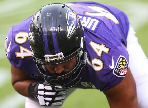 Baltimore Ravens G C John Urschel (64) participates in training camp at M&T Bank Stadium in Baltimore, MD on August 1, 2016. Photo Mike Buscher Cal Media NFL American Football Herren USA 2016: Ravens Training Camp AUG 01 - ZUMAc04_