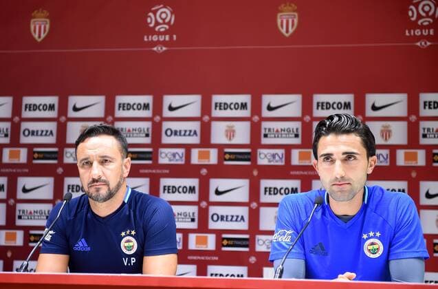 Fenerbahce s head coach Vitor Pereira and player Hasan Ali Kaldirim gives a press conference PK Pressekonferenz on the eve of the team s .UEFA Champions League Third qualifying round second leg match against Monaco on August 02, 2016 at the Stade Louis II Stadium in Monaco 