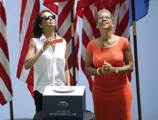 USTA President Katrina Adams and Jeanne Ashe watch the opening and closing of the new retractable roof when it is demonstrated at an official USTA unveiling ceremony in Arthur Ashe Stadium for the US Open Tennis Championships at the USTA Billie Jean King National Tennis Center in New York City on August 2, 2016. The retractable roof was completed in time for the 2016 US Open tournament.  NYP20160802114 JOHNxANGELILLO