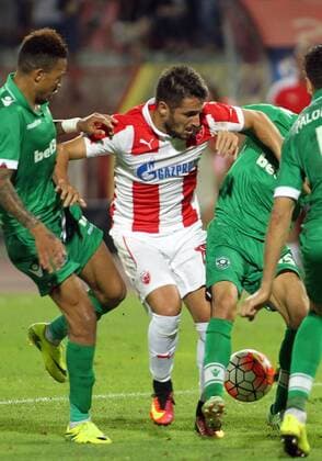 02.08.2016 Belgrade(Serbia) FK Crvena Zvezda(FC Red Star)-PFC Ludogorets 3rd leg champions league qualify men s football Hugo Vieira(c)FK Crvena Zvezda(FC Red Star) stopped during match : 
