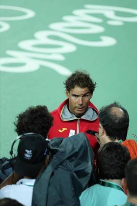 Rio 2016, Tennis, Training Rafael Nadal Spanish tennis player Rafael Nadal (C) adresses the media after a training session at the Tennis Center, prior to the start of the Olympic Games Olympische Spiele Olympia OS next 5 August, in Rio de Janeiro, Brazil, 2 August 2016. RAFAEL NADAL S TRAINING SESSION !ACHTUNG: NUR REDAKTIONELLE NUTZUNG!  RIO041 20160803-636057827262503532