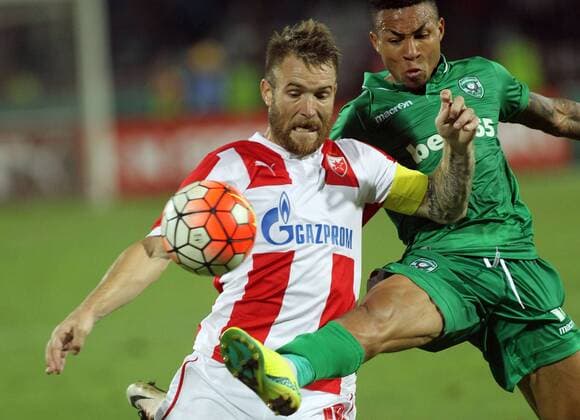 02.08.2016 Belgrade(Serbia) FK Crvena Zvezda(FC Red Star)-PFC Ludogorets 3rd leg champions league qualify men s football Aleksandar Katai(L)FK Crvena Zvezda(FC Red Star) stopped during match from Anicet Abel(r) PFC Ludgorets : 