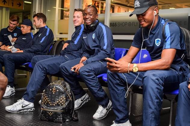 Genk s Neeskens Kebano and Genk s Leon Bailey pictured at the departure of Belgian first league soccer team KRC Genk, in Maastricht airport, on their way to Cork, Ireland, Wednesday 03 August 2016. Tomorrow Genk is playing the return leg of the third qualifying round in the Europa League competition against Ireland s Cork City F.C.. First leg result was 1-0 for Genk. LUCxCLAESSEN  x04902462x