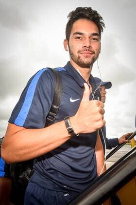 Genk s Sandy Walsh pictured at the departure of Belgian first league soccer team KRC Genk, in Maastricht airport, on their way to Cork, Ireland, Wednesday 03 August 2016. Tomorrow Genk is playing the return leg of the third qualifying round in the Europa League competition against Ireland s Cork City F.C.. First leg result was 1-0 for Genk. LUCxCLAESSEN  x04902464x