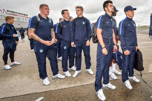 Genk s Sandy Walsh, Genk s Leandro Trossard, Genk s goalkeeper Nordin Jackers and Genk s Sebastien Dewaest pictured at the departure of Belgian first league soccer team KRC Genk, in Maastricht airport, on their way to Cork, Ireland, Wednesday 03 August 2016. Tomorrow Genk is playing the return leg of the third qualifying round in the Europa League competition against Ireland s Cork City F.C.. First leg result was 1-0 for Genk. LUCxCLAESSEN  x04902466x