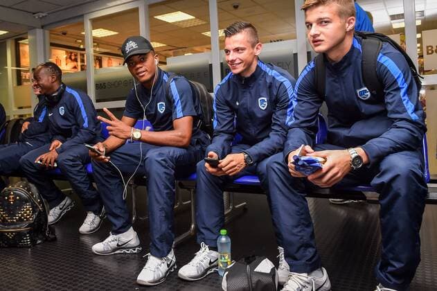Genk s Leon Bailey, Genk s goalkeeper Nordin Jackers, Genk s Dante Vanzeir and Genk s Neeskens Kebano pictured at the departure of Belgian first league soccer team KRC Genk, in Maastricht airport, on their way to Cork, Ireland, Wednesday 03 August 2016. Tomorrow Genk is playing the return leg of the third qualifying round in the Europa League competition against Ireland s Cork City F.C.. First leg result was 1-0 for Genk. LUCxCLAESSEN  x04902476x