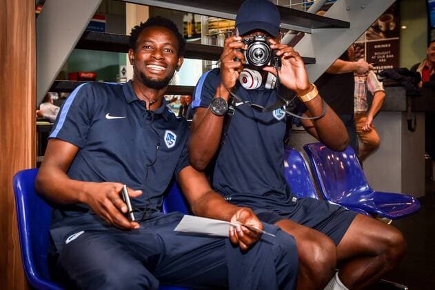 Genk s Bennard Kumordzi pictured at the departure of Belgian first league soccer team KRC Genk, in Maastricht airport, on their way to Cork, Ireland, Wednesday 03 August 2016. Tomorrow Genk is playing the return leg of the third qualifying round in the Europa League competition against Ireland s Cork City F.C.. First leg result was 1-0 for Genk. LUCxCLAESSEN  x04902473x