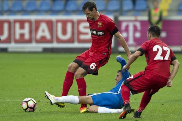 From left: Markus Lackner of Admira, Zdenek Folprech of Liberec and Eldis Bajrami of Admira in action during the Football Europa League 3rd qualifying round s return match: Slovan Liberec vs Admira Moedling, in Liberec, Czech Republic, August 3, 2016. (CTKxPhoto MichalxKamaryt) CTKPhotoP201608030767401  kmt 3