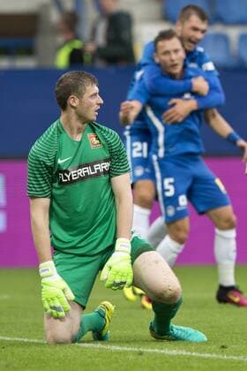 Soccer players Nikolay Komlichenko (centre) and Vladimir Coufal (right) of Liberec celebrates a goal during the Football Europa League 3rd qualifying round s return match: Slovan Liberec vs Admira Moedling, in Liberec, Czech Republic, August 3, 2016. At left is goalkeeper of Admira Manuel Kuttin. (CTKxPhoto MichalxKamaryt) CTKPhotoP201608030771601  kmt 4