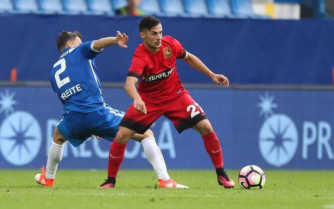 SOCCER - UEFA EL quali, Liberec vs Admira LIBEREC,CZECH REPUBLIC,03.AUG.16 - SOCCER - UEFA Europa League, qualification, Slovan Liberec vs FC Admira Wacker Moedling. Image shows Radim Breite (Liberec) and Eldis Bajrami (Admira). GEPAxpictures xPhilippxBrem