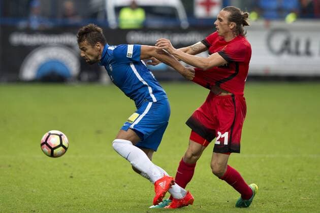 From left: Milan Baros of Liberec and Markus Wostry of Admira in action during the Football Europa League 3rd qualifying round s return match: Slovan Liberec vs Admira Moedling, in Liberec, Czech Republic, August 3, 2016. (CTKxPhoto MichalxKamaryt) CTKPhotoP201608030820101  kmt 6