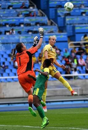 (160803) -- RIO DE JANEIRO, Aug. 3, 2016 -- Sofia Jakobsson (R) of Sweden views for the ball during the opening match of the women s Olympic football competitions against South Africa at the Olympic Stadium in Rio de Janeiro, Brazil, Aug. 3, 2016. Sweden won 1-0. ) (SP)BRAZIL-RIO DE JANEIRO-OLYMPICS-WOMNE S FOOTBALL-SWEDEN VS SOUTH AFRICA YanxYan 