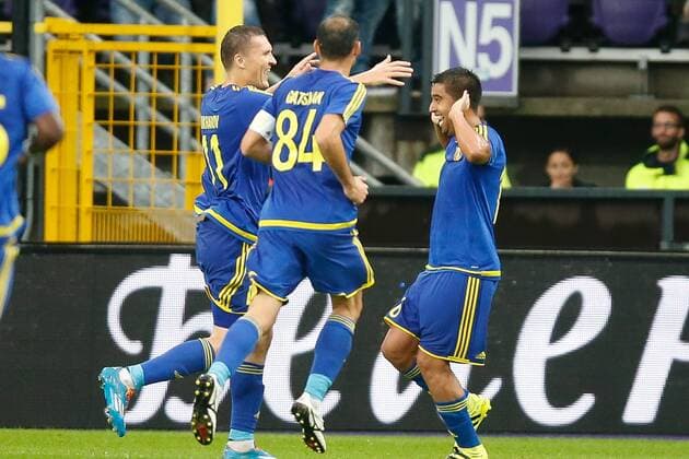 Rostov s Christian Noboa (R) celebrates with his teammates after scoring during the return leg of the third qualification round for the Champions League competition between Belgian first league soccer team RSC Anderlecht and Russian team FC Rostov in Brussels, Wednesday 03 August 2016. The first leg ended in a 2-2 draw. BRUNOxFAHY  x04902937x