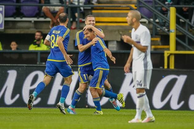 Rostov s Christian Noboa (C) celebrates with his teammates after scoring during the return leg of the third qualification round for the Champions League competition between Belgian first league soccer team RSC Anderlecht and Russian team FC Rostov in Brussels, Wednesday 03 August 2016. The first leg ended in a 2-2 draw. BRUNOxFAHY  x04902968x