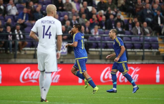 Rostov s Christian Noboa (C) celebrates after scoring during the return leg of the third qualification round for the Champions League competition between Belgian first league soccer team RSC Anderlecht and Russian team FC Rostov in Brussels, Wednesday 03 August 2016. The first leg ended in a 2-2 draw. VIRGINIExLEFOUR  x04902966x