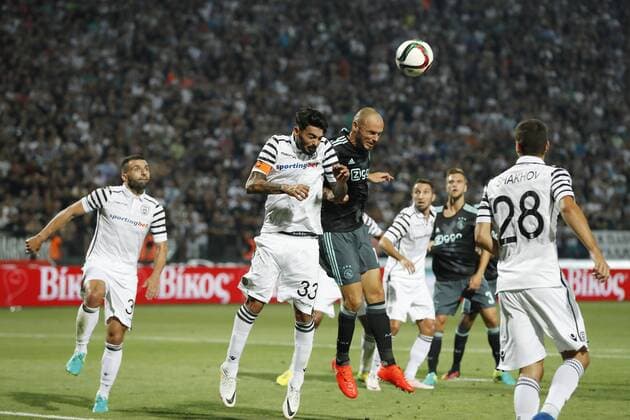 (L-R) Leo Matos of PAOK FC, Stefanos Athanasiadis of PAOK FC, of Ajax, Joel Veltman of Ajax, Yevhen Shakhov of PAOK FC during the UEFA Champions League third round qualifying second leg match between PAOK and Ajax Amsterdam on August 3, 2016 at the Stadio Toumba in Salonika, Greece. PAOK v Ajax UEFA Champions League third round 2016 2017 xVIxxIVx 5929957