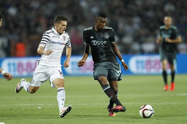 (L-R) Gojko Cimirot of PAOK FC, Mateo Cassierra of Ajax during the UEFA Champions League third round qualifying second leg match between PAOK and Ajax Amsterdam on August 3, 2016 at the Stadio Toumba in Salonika, Greece. PAOK v Ajax UEFA Champions League third round 2016 2017 xVIxxIVx 5929959