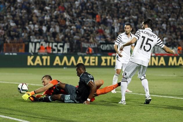 (L-R) goalkeeper Panagiotis Glykos of PAOK FC, Mateo Cassierra of Ajax, Marin Leovac of PAOK FC, Jose Angel Crespo of PAOK FC during the UEFA Champions League third round qualifying second leg match between PAOK and Ajax Amsterdam on August 3, 2016 at the Stadio Toumba in Salonika, Greece. PAOK v Ajax UEFA Champions League third round 2016 2017 xVIxxIVx 5929966