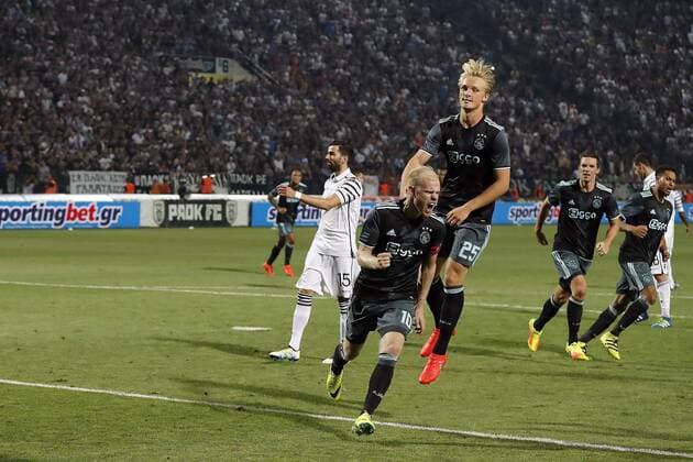 (L-R) Jose Angel Crespo of PAOK FC, Davy Klaassen of Ajax, Kasper Dolberg of Ajax, Nick Viergever of Ajax, Jairo Riedewald of Ajax during the UEFA Champions League third round qualifying second leg match between PAOK and Ajax Amsterdam on August 3, 2016 at the Stadio Toumba in Salonika, Greece. PAOK v Ajax UEFA Champions League third round 2016 2017 xVIxxIVx 5930132