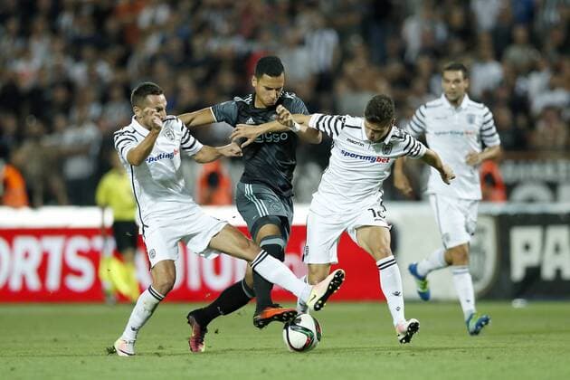(L-R) Marin Leovac of PAOK FC, Anwar El Ghazi of Ajax, Gojko Cimirot of PAOK FC during the UEFA Champions League third round qualifying second leg match between PAOK and Ajax Amsterdam on August 3, 2016 at the Stadio Toumba in Salonika, Greece. PAOK v Ajax UEFA Champions League third round 2016 2017 xVIxxIVx 5930276