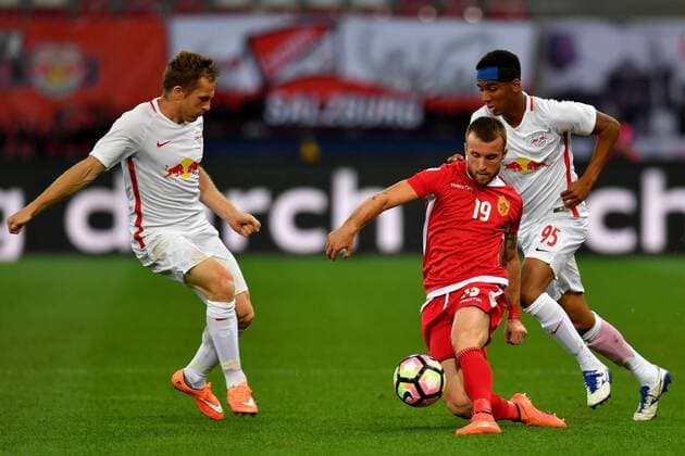 SOCCER - UEFA CL quali, RBS vs Tirana SALZBURG,AUSTRIA,03.AUG.16 - SOCCER - UEFA Champions League, qualification, Red Bull Salzburg vs FK Partizani Tirana. Image shows Christian Schwegler (RBS), Lorenc Trashi (Tirana) and Bernardo Fernandes da Silva Junior (RBS). GEPAxpictures xFlorianxErtl