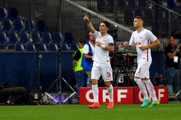 SOCCER - UEFA CL quali, RBS vs Tirana SALZBURG,AUSTRIA,03.AUG.16 - SOCCER - UEFA Champions League, qualification, Red Bull Salzburg vs FK Partizani Tirana. Image shows the rejoicing of Jonatan Soriano and Duje Caleta-Car (RBS). GEPAxpictures xFlorianxErtl
