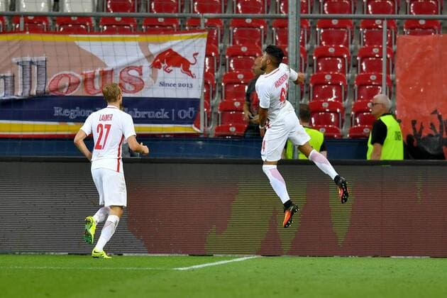 SOCCER - UEFA CL quali, RBS vs Tirana SALZBURG,AUSTRIA,03.AUG.16 - SOCCER - UEFA Champions League, qualification, Red Bull Salzburg vs FK Partizani Tirana. Image shows the rejoicing of Konrad Laimer and Maciel Wanderson (RBS). GEPAxpictures xFlorianxErtl