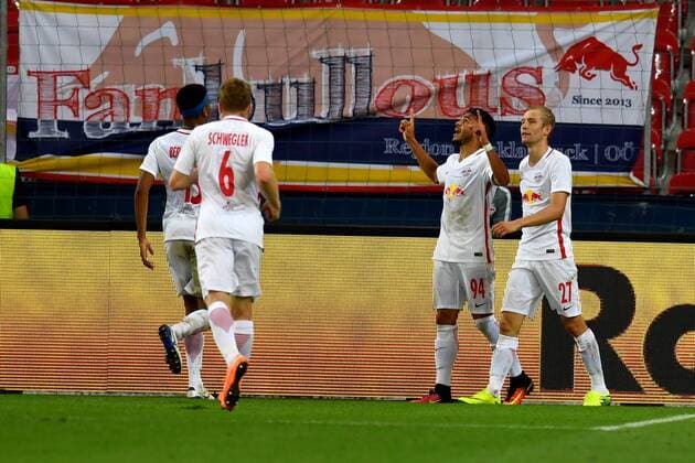 SOCCER - UEFA CL quali, RBS vs Tirana SALZBURG,AUSTRIA,03.AUG.16 - SOCCER - UEFA Champions League, qualification, Red Bull Salzburg vs FK Partizani Tirana. Image shows the rejoicing of Bernardo Fernandes da Silva Junior, Christian Schwegler, Maciel Wanderson and Konrad Laimer (RBS). GEPAxpictures xFlorianxErtl