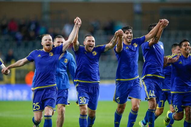 Rostov s players celebrate after winning the return leg of the third qualification round for the Champions League competition between Belgian first league soccer team RSC Anderlecht and Russian team FC Rostov in Brussels, Wednesday 03 August 2016. The first leg ended in a 2-2 draw. BRUNOxFAHY  x04903116x