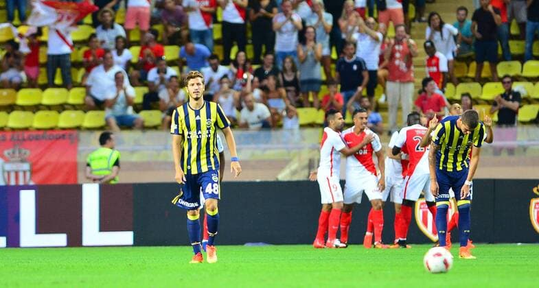 UEFA Champions League Third qualifying round second leg match between Monaco and Fenerbahce at Stade Louis II Stadium in Monaco , France on August 03, 2016. Final Score : Monaco 3 - Fenerbahce 1 Pictured: Salih Ucan and Roman Neustadter of Fenerbahce. 
