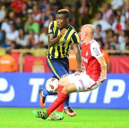 UEFA Champions League Third qualifying round second leg match between Monaco and Fenerbahce at Stade Louis II Stadium in Monaco , France on August 03, 2016. Final Score : Monaco 3 - Fenerbahce 1 Pictured: Andrea Raggi 24 of Monaco andEmmanuel Emenike of Fenerbahce. 
