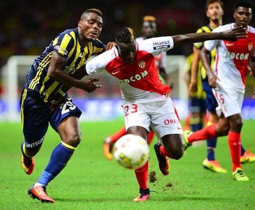 UEFA Champions League Third qualifying round second leg match between Monaco and Fenerbahce at Stade Louis II Stadium in Monaco , France on August 03, 2016. Final Score : Monaco 3 - Fenerbahce 1 Pictured: Benjamin Mendy of Monaco and Emmanuel Emenike of Fenerbahce. 