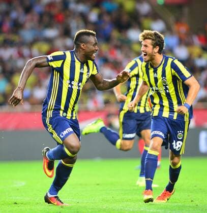 UEFA Champions League Third qualifying round second leg match between Monaco and Fenerbahce at Stade Louis II Stadium in Monaco , France on August 03, 2016. Final Score : Monaco 3 - Fenerbahce 1 Pictured: Salih Ucan and Emmanuel Emenike of Fenerbahce. 