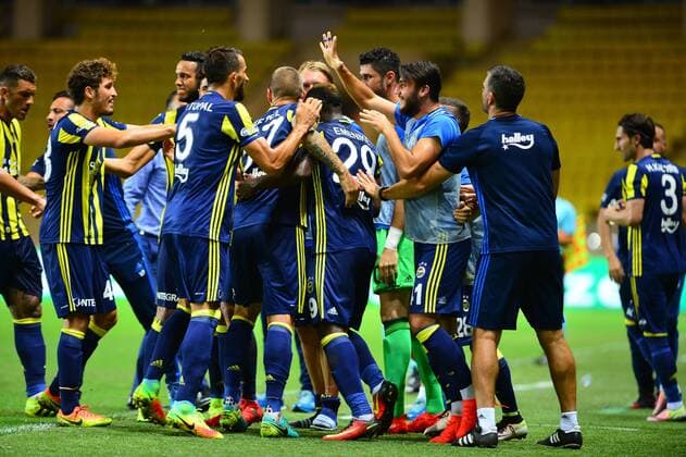 UEFA Champions League Third qualifying round second leg match between Monaco and Fenerbahce at Stade Louis II Stadium in Monaco , France on August 03, 2016. Final Score : Monaco 3 - Fenerbahce 1 Pictured: Fenerbahce players celebrates for Emmanuel Emenike s goal. 