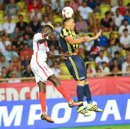 UEFA Champions League Third qualifying round second leg match between Monaco and Fenerbahce at Stade Louis II Stadium in Monaco , France on August 03, 2016. Final Score : Monaco 3 - Fenerbahce 1 Pictured: Jose Fernandao of Fenerbahce and Tiemoue Bakayoko 14 of Monaco. 