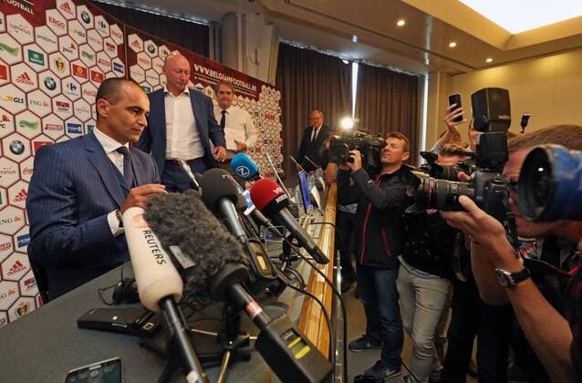 Fußball, Nationalteam Belgien, PK des neuen Nationaltrainers Roberto Martinez Belgium s new head coach Roberto Martinez, KBVB-URBSFA sports director Chris Van Puyvelde, Pro League CEO Pierre Francois and KBVB-URBSFA Belgium soccer union chairman Francois De Keersmaecker pictured at the start of a press conference PK Pressekonferenz of the Belgian national soccer team Red Devils to announce their new head coach, Thursday 04 August 2016 at the KBVB-URBSFA Belgian soccer union headquarters in Brussels. Spanish Martinez is appointed as new manager of the team, replacing Wilmots who was discharged last month after a disappointing Euro2016 tournament. VIRGINIExLEFOUR  x04903220x
