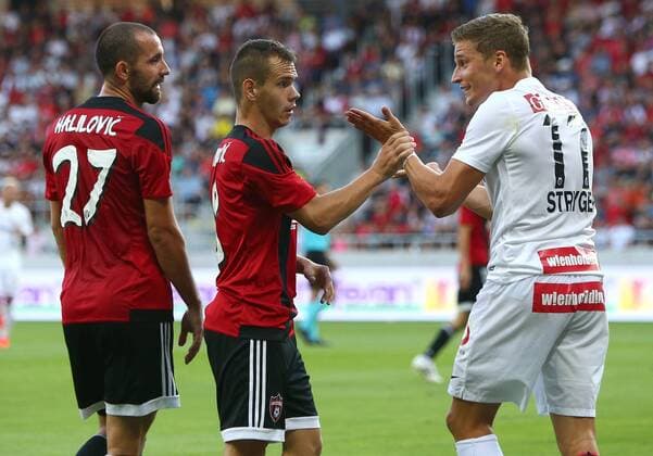 SOCCER - EL quali, Trnava vs A.Wien TRNAVA,SLOVAKIA,04.AUG.16 - UEFA Europa League, qualification, FC Spartak Trnava vs FK Austria Wien. Image shows Emir Halilovic, Martin Mikovic (Spartak Trnava) and Jens Stryger Larsen (A.Wien). GEPAxpictures xChristianxOrt