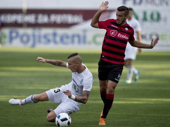 Jiri Fleisman of Boleslav, left, and Marjan Radeski of Shkendija in action during the 3rd qualifying round of the European League match FK Mlada Boleslav vs Shkendija Tetovo in Mlada Boleslav, Czech Republic, August 4, 2016. (CTKxPhoto MichalxKamaryt) CTKPhotoP201608040860501  kmt 2