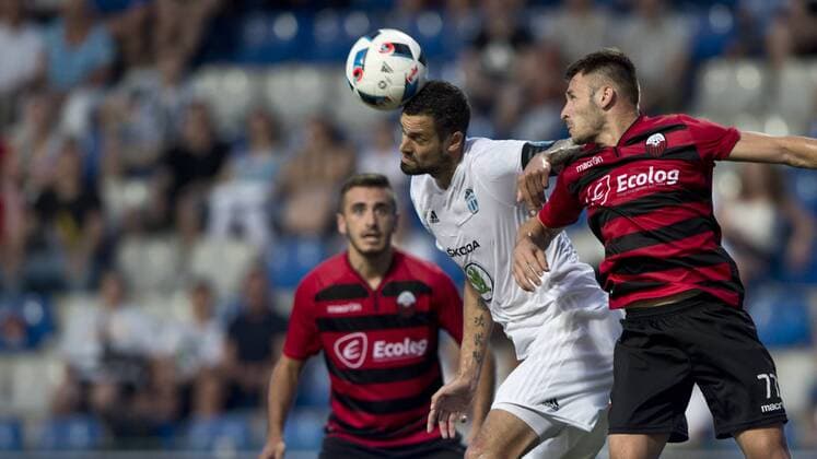 Lukas Magera of Boleslav, centre, and Blagoja Todorovski of Shkendija, right, in action during the 3rd qualifying round of the European League match FK Mlada Boleslav vs Shkendija Tetovo in Mlada Boleslav, Czech Republic, August 4, 2016. (CTKxPhoto MichalxKamaryt) CTKPhotoP201608040905001  kmt 7
