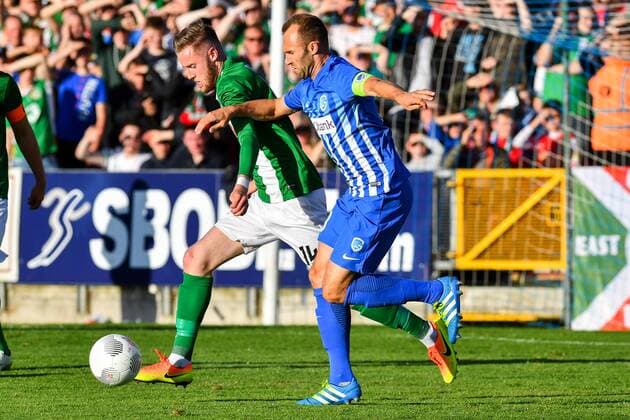 Genk s Thomas Buffel fight for the ball during a soccer game between Ireland s Cork City F.C. and Belgium s KRC Genk, in Cork, Ireland, Thursday 04 August 2016, the return leg of the third qualifying round in the Europa League competition. The first leg ended in a 1-0 Genk victory. LUCxCLAESSEN  x04903563x