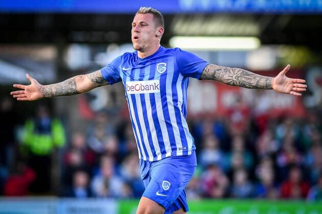 Genk s Sebastien Dewaest celebrates after scoring during a soccer game between Ireland s Cork City F.C. and Belgium s KRC Genk, in Cork, Ireland, Thursday 04 August 2016, the return leg of the third qualifying round in the Europa League competition. The first leg ended in a 1-0 Genk victory. LUCxCLAESSEN  x04903591x