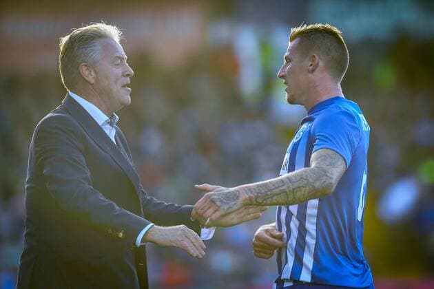 Genk s head coach Peter Maes and Genk s Sebastien Dewaest celebrates during a soccer game between Ireland s Cork City F.C. and Belgium s KRC Genk, in Cork, Ireland, Thursday 04 August 2016, the return leg of the third qualifying round in the Europa League competition. The first leg ended in a 1-0 Genk victory. LUCxCLAESSEN  x04903598x