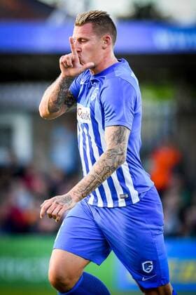 Genk s Sebastien Dewaest celebrates after scoring during a soccer game between Ireland s Cork City F.C. and Belgium s KRC Genk, in Cork, Ireland, Thursday 04 August 2016, the return leg of the third qualifying round in the Europa League competition. The first leg ended in a 1-0 Genk victory. LUCxCLAESSEN  x04903607x