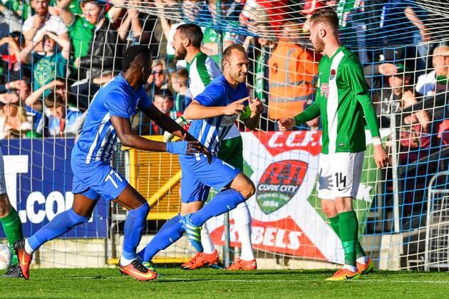 Genk s Thomas Buffel and Genk s Mwbana Ally Samatta celebrate after scoring during a soccer game between Ireland s Cork City F.C. and Belgium s KRC Genk, in Cork, Ireland, Thursday 04 August 2016, the return leg of the third qualifying round in the Europa League competition. The first leg ended in a 1-0 Genk victory. LUCxCLAESSEN  x04903640x