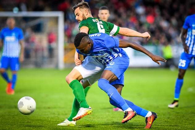 Genk s Mwbana Ally Samatta fight for the ball during a soccer game between Ireland s Cork City F.C. and Belgium s KRC Genk, in Cork, Ireland, Thursday 04 August 2016, the return leg of the third qualifying round in the Europa League competition. The first leg ended in a 1-0 Genk victory. LUCxCLAESSEN  x04903691x
