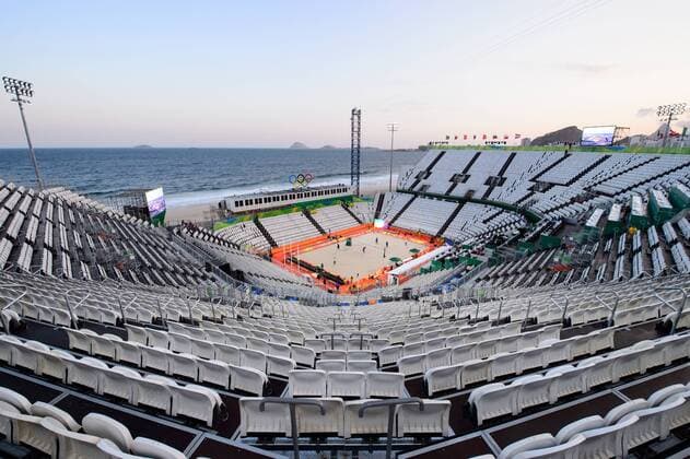 Themen der Woche SPORT Bilder des Tages - SPORT Rio 2016, Beachvolleyball, Sportstätte an der Copacabana 04.08.2016, Rio de Janeiro, Copacabana Beachvolleyball, Olympische Spiele Übersicht Uebersicht Beachvolleyball Stadion Copacabana General view venue