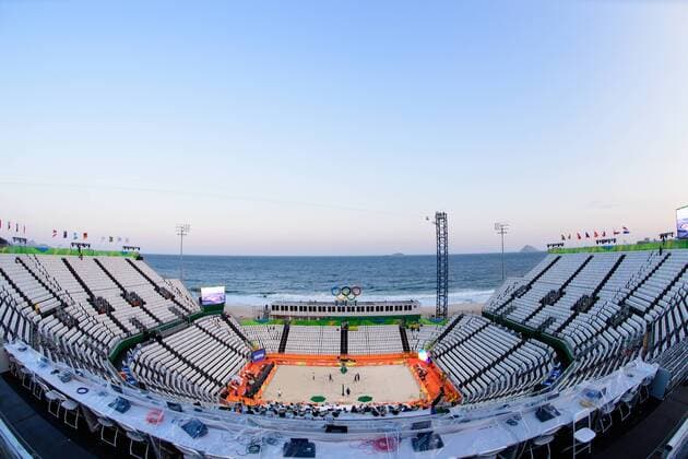Rio 2016, Beachvolleyball, Sportstätte an der Copacabana 04.08.2016, Rio de Janeiro, Copacabana Beachvolleyball, Olympische Spiele Übersicht Uebersicht Beachvolleyball Stadion Copacabana General view venue