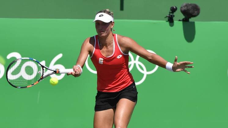 Belgian tennis player Yanina Wickmayer plays a forehand during a tennis game between Belgian Yanina Wickmayer and Czech Barbora Strycova, in the first round of the women s tennis tournament at the 2016 Olympic Games Olympische Spiele Olympia OS in Rio de Janeiro, Brazil, Saturday 06 August 2016. BENOITxDOPPAGNE  x04904877x