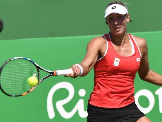 Belgian tennis player Yanina Wickmayer plays a forehand during a tennis game between Belgian Yanina Wickmayer and Czech Barbora Strycova, in the first round of the women s tennis tournament at the 2016 Olympic Games Olympische Spiele Olympia OS in Rio de Janeiro, Brazil, Saturday 06 August 2016. BENOITxDOPPAGNE  x04904886x